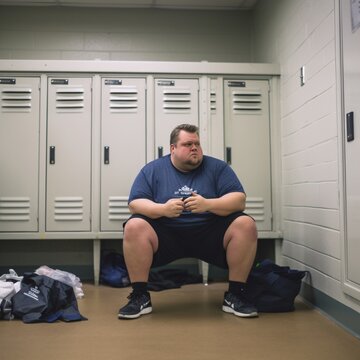 Overweight Man Sitting in Gym Locker Room, generative AI