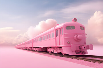 A pink train, running, with a pastel background. Bright.