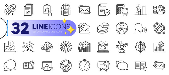 Outline set of Consumption growth, Talk bubble and Calculator alarm line icons for web with Transform, Artificial intelligence, Timer thin icon. Chat message, Magistrates court. Vector