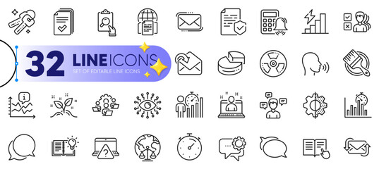 Outline set of Consumption growth, Talk bubble and Calculator alarm line icons for web with Transform, Artificial intelligence, Timer thin icon. Chat message, Magistrates court. Vector