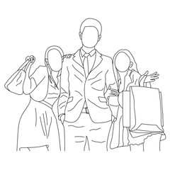 Group of friends enjoying the shopping together Line art isolated on a white background.

