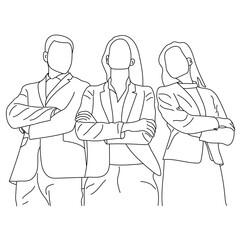 Line art of teamwork concept with architects isolated on a white background.
