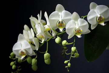 a stalk of greenish white orchids