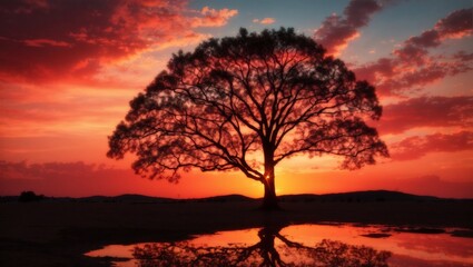 Fototapeta na wymiar A shilloutes tree during sunset with red sky