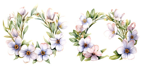 Beautiful wedding wreath with Primrose flowers watercolor elements set