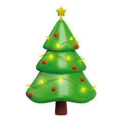 Render of a Christmas tree decorated with a glowing garland and balls with a star. Vector 3d illustration isolated on white background