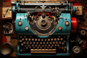 Fototapeta premium a blue typewriter with a round metal circle and a round metal circle
