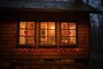 A cabin with a window decorated for Valentine's Day while it rains. Generative AI