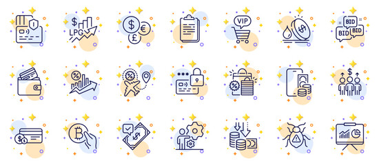 Fototapeta na wymiar Outline set of Phone pay, Meeting and Vip shopping line icons for web app. Include Bid offer, Deflation, Clipboard pictogram icons. Shopping bags, Accepted payment, Debit card signs. Vector