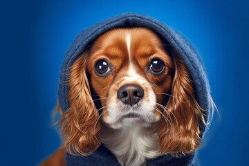 Photography in the style of pensive portraiture of a happy cavalier king charles spaniel dog wearing a cashmere sweater against a sapphire blue background. With generative AI technology