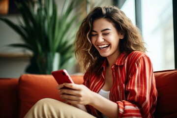 a woman laughing while holding a phone