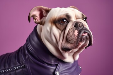 Medium shot portrait photography of a cute bulldog wearing a leather jacket against a lilac purple background. With generative AI technology