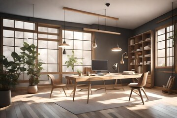 3d rendering of a study room with a zen-like atmosphere. utilize calming colors, natural materials, and minimalist design to promote focus and tranquility