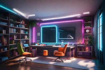 3D rendering of a study room with a high-tech, colorful twist. Incorporate smart gadgets, neon accents, and a sleek, modern design that caters to a tech-savvy and vibrant workspace