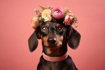 Lifestyle portrait photography of a funny dachshund wearing a floral collar against a coral pink background. With generative AI technology