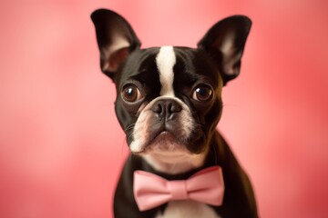Fototapeta premium Close-up portrait photography of a cute boston terrier wearing a cute bow tie against a coral pink background. With generative AI technology