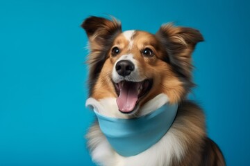 Medium shot portrait photography of a happy shetland sheepdog wearing an anxiety wrap against a cerulean blue background. With generative AI technology