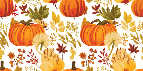Autumn decorative seamless pattern with pumpkins and seasonal elements, acorns, plants, leaves
