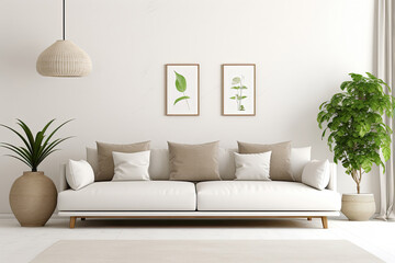 Modern style interior living room warm Scandinavian and cozy with wooden decoration, Cozy beige tone stylish, furniture, comfortable bed, Minimal decor design background.
