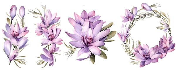 Watercolor Beautiful wedding wreath with Colchicum flowers and an element bundle