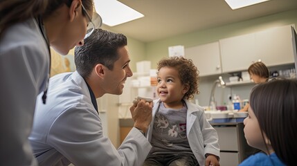 Model doctor interacting with children, showcasing pediatric care