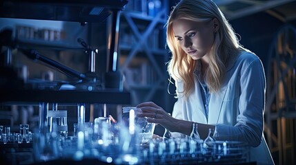 Model in a lab environment, analyzing test tubes, showcasing research and development