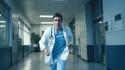 Fototapeta na wymiar Model doctor rushing through a hospital corridor, highlighting the urgency of the medical field.