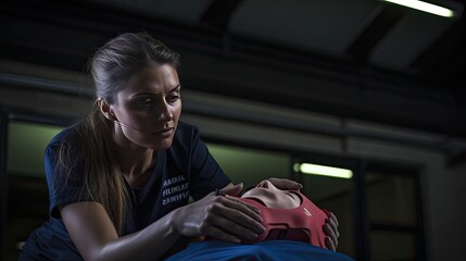 Model performing CPR on a dummy, showcasing emergency life-saving skills