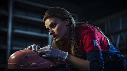 Model performing CPR on a dummy, showcasing emergency life-saving skills