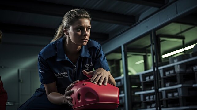 Model performing CPR on a dummy, showcasing emergency life-saving skills