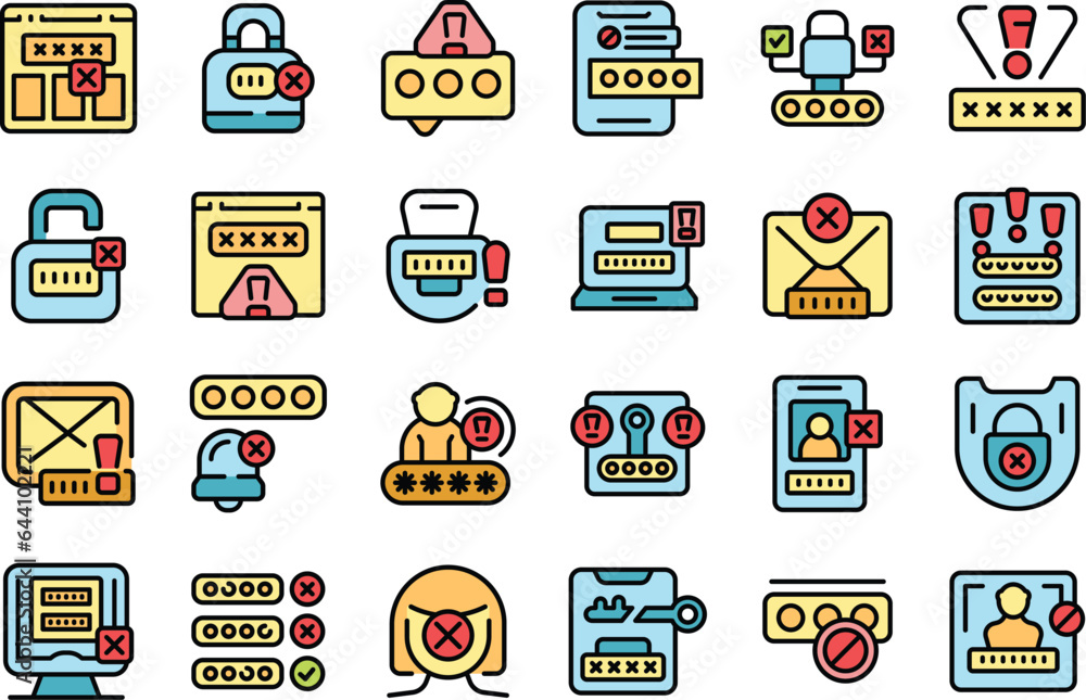 Poster wrong password icons set outline vector. shield security. work data thin line color flat on white