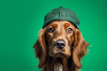 Headshot portrait photography of a cute cocker spaniel wearing a cool cap against a spearmint green background. With generative AI technology