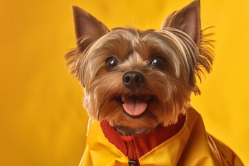 Close-up portrait photography of a smiling yorkshire terrier wearing a raincoat against a gold background. With generative AI technology