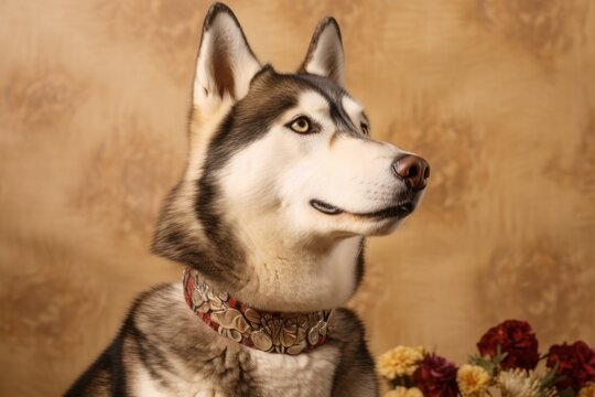 Close-up portrait photography of a funny siberian husky wearing a floral collar against a gold background. With generative AI technology