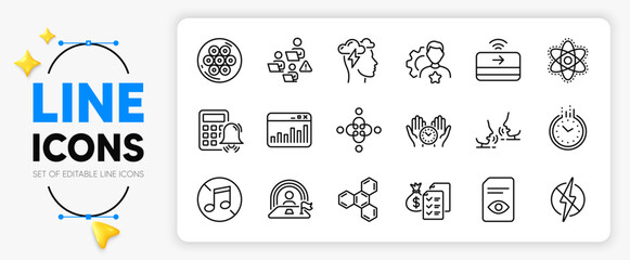 Talk, Teamwork and Chemistry atom line icons set for app include Accounting wealth, Lgbt, Mindfulness stress outline thin icon. Cable section, Marketing statistics, Safe time pictogram icon. Vector