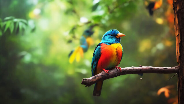 Bright exotic bird in a tropical garden, sunlight. AI generated