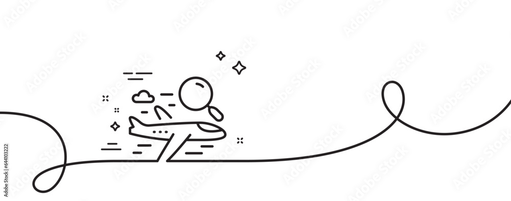Poster search flight line icon. continuous one line with curl. airplane with magnifying glass sign. find ai