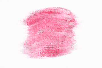 Pink shimmer paint brush on white background on white canvas. Pink glitter acrylic paint stain on the white paper wall