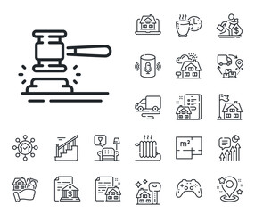 Bid offer sign. Floor plan, stairs and lounge room outline icons. Auction hammer line icon. Lot was sold symbol. Auction hammer line sign. House mortgage, sell building icon. Real estate. Vector