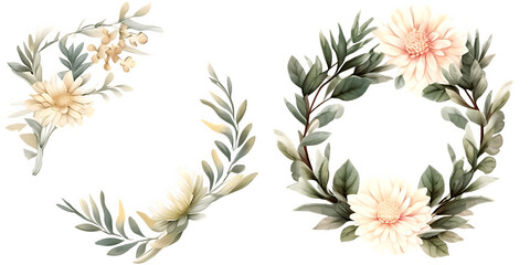 Fototapeta premium Beautiful wedding wreath with Chrysanthemum flowers watercolor elements set