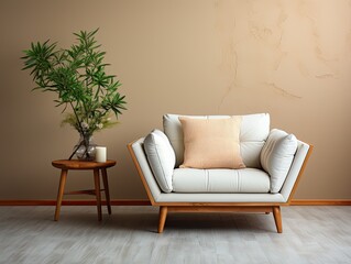 minimal wooden white sofa with beige background