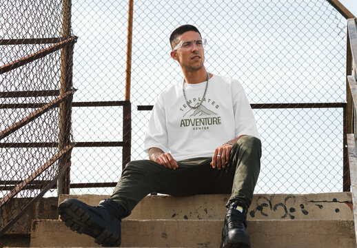 Mockup of man wearing t-shirt with customizable color sitting on steps