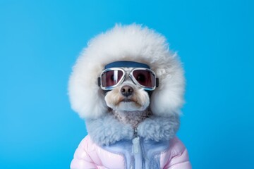Obraz premium Environmental portrait photography of a funny poodle wearing a ski suit against a periwinkle blue background. With generative AI technology