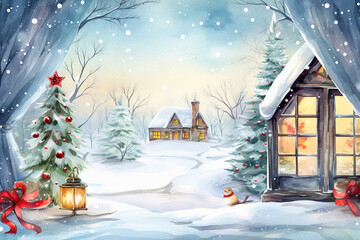 Watercolor winter landscape Illustration . Christmas village houses with snow spruce forest.