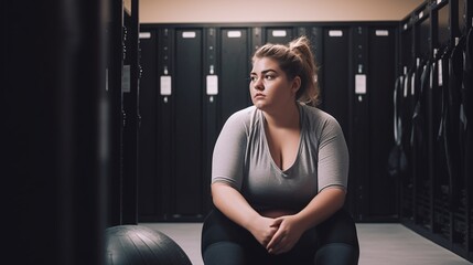 Overweight Woman Sitting in Gym Locker Room, generative AI