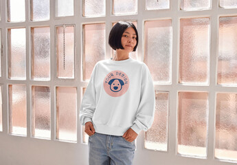 Mockup of Asian woman wearing sweatshirt with customizable color leaning against window