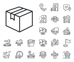 Logistics delivery sign. Plane, supply chain and place location outline icons. Shipping box line icon. Parcels tracking symbol. Parcel line sign. Taxi transport, rent a bike icon. Travel map. Vector