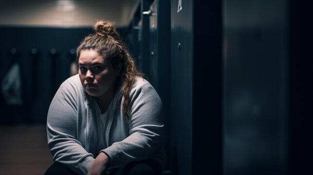 Overweight Woman Sitting in Gym Locker Room, generative AI