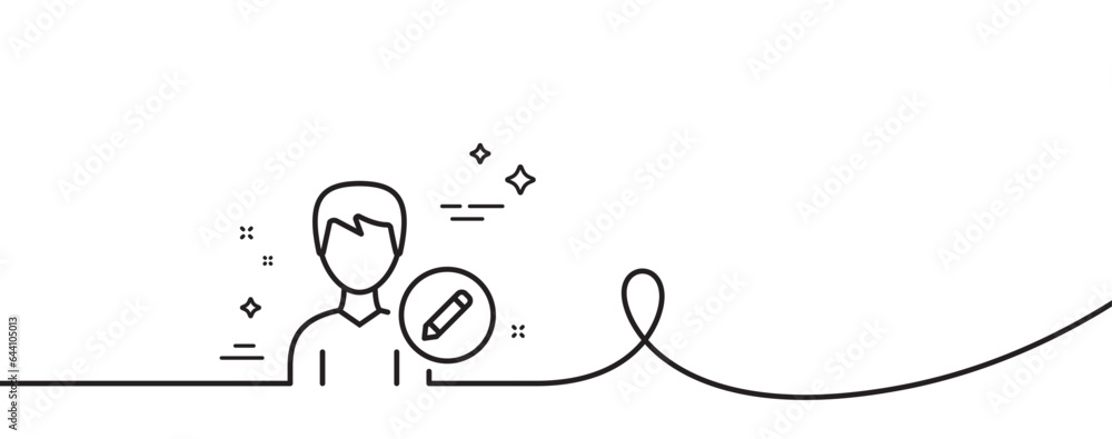 Poster edit user line icon. continuous one line with curl. profile avatar with pencil sign. male person sil