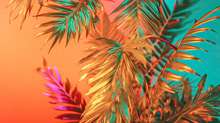 Tropical Palm Leaves in Warm Sunset,Warm Yellow-Green Palm Leaves